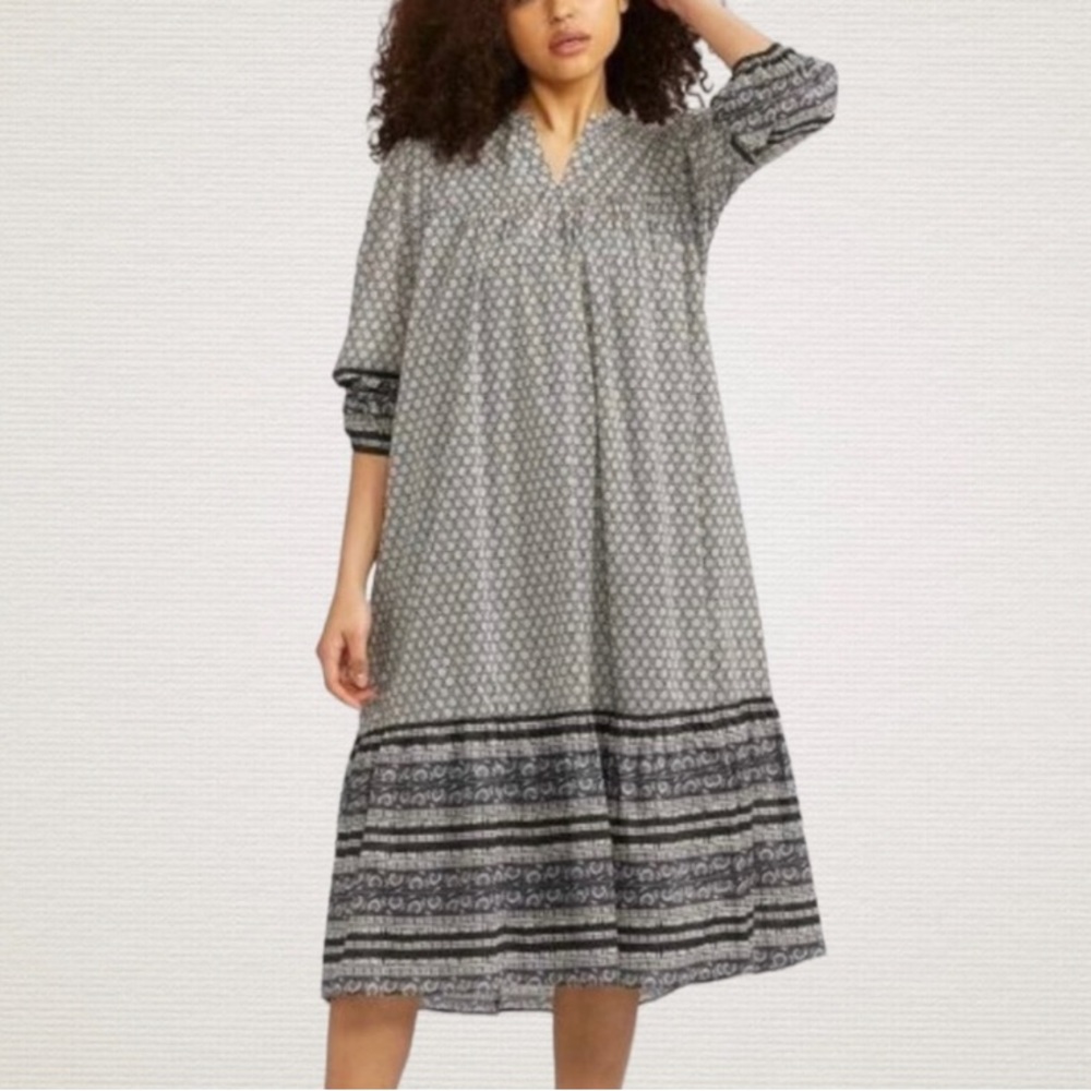 Anna Sui for Uniqlo Floral Block Print Bohemian Tiered Cotton Midi Dress Size L